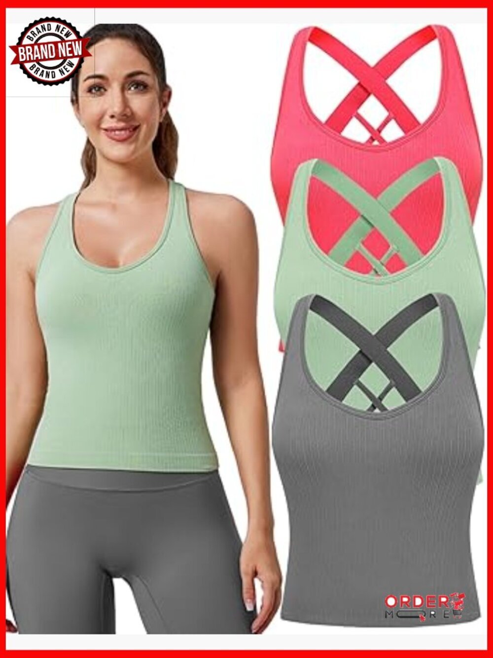 Criss Cross Crop Tank Tops - Built in Bra - 3 Pack
